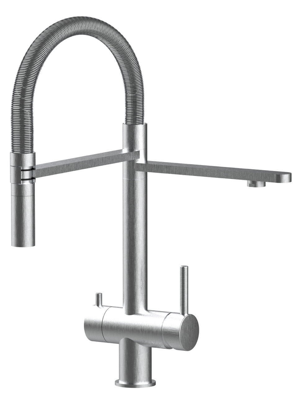 3 Way Kitchen Filter Tap in Solid STAINLESS STEEL, with 360° swivel spout and 2-jets removable Spray, Brushed / Stainless Steel Spring - Short version 45CM