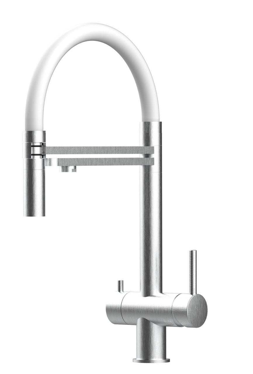 3 Way Kitchen Filter Tap in Solid STAINLESS STEEL, with 360° swivel spout and 2-jets removable Spray, Brushed / White - Short version 45CM