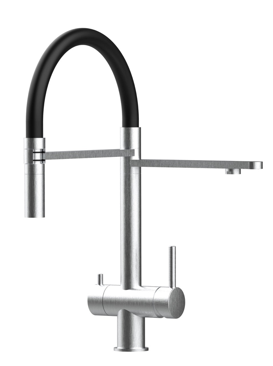 3 Way Kitchen Filter Tap in Solid STAINLESS STEEL, with 360° swivel spout and 2-jets removable Spray, Brushed / Black - Short version 45CM