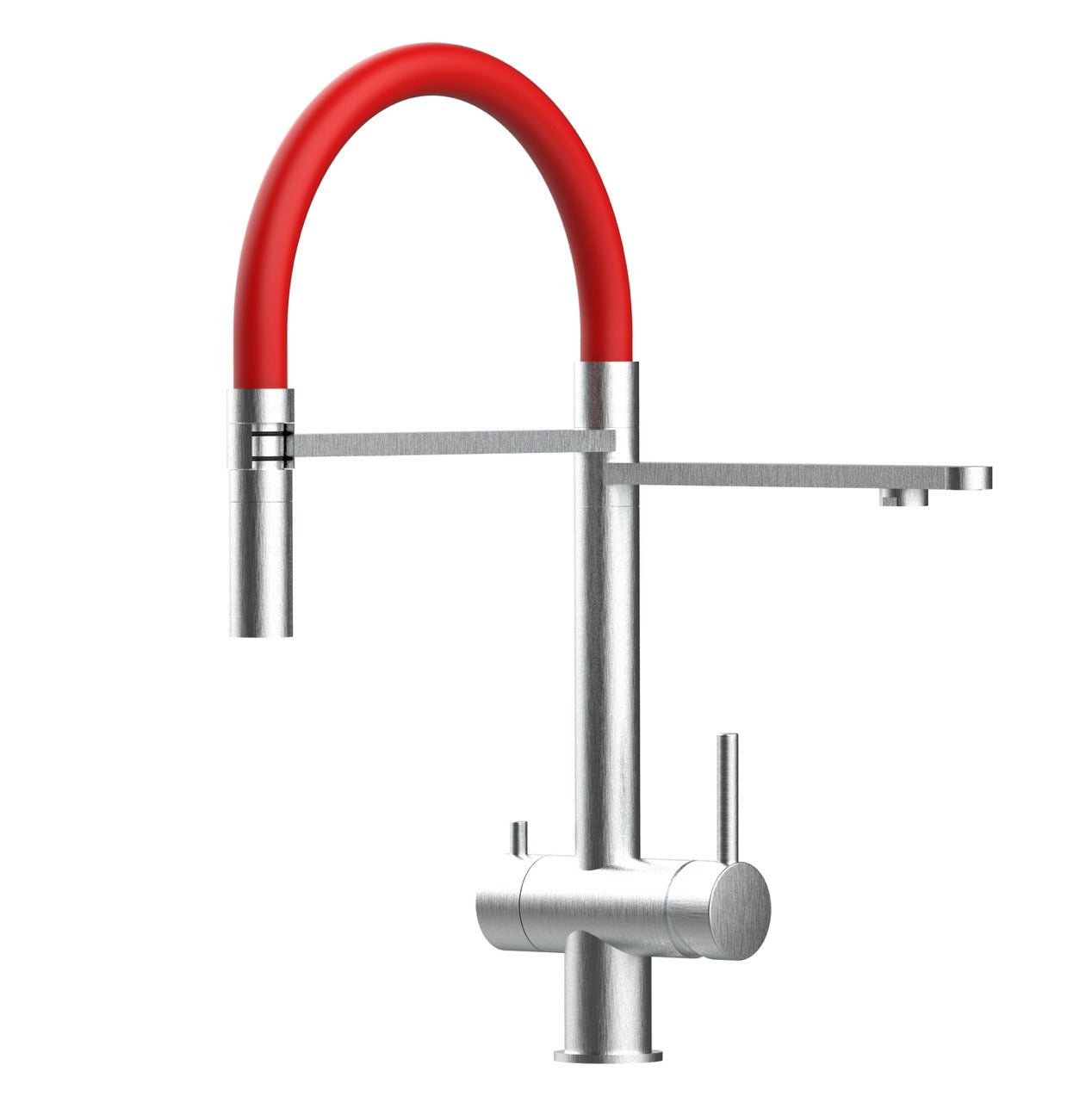3 Way Kitchen Filter Tap in Solid STAINLESS STEEL, with 360° swivel spout and 2-jets removable Spray, Brushed / Red - Short version 45CM