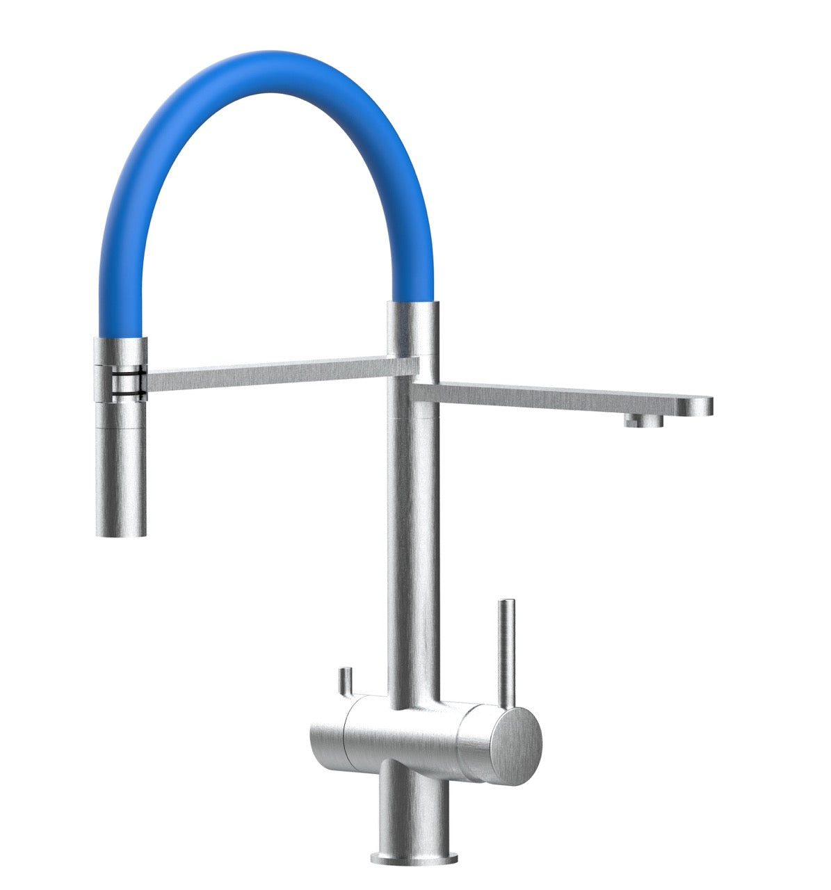 3 Way Kitchen Filter Tap in Solid STAINLESS STEEL, with 360° swivel spout and 2-jets removable Spray, Brushed / Blue - Short version 45CM