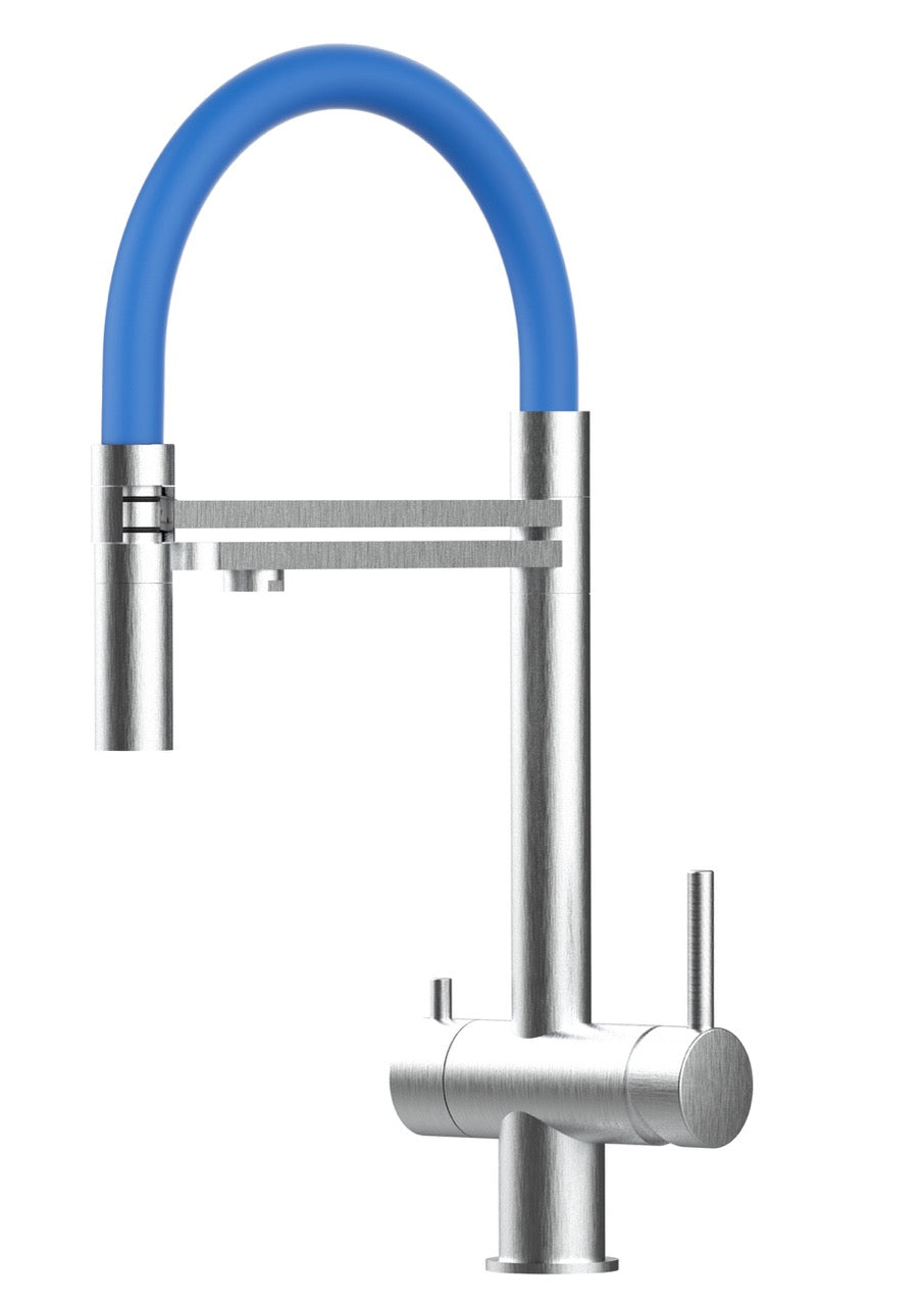 3 Way Kitchen Filter Tap in Solid STAINLESS STEEL, with 360° swivel spout and 2-jets removable Spray, Brushed / Blue - Short version 45CM