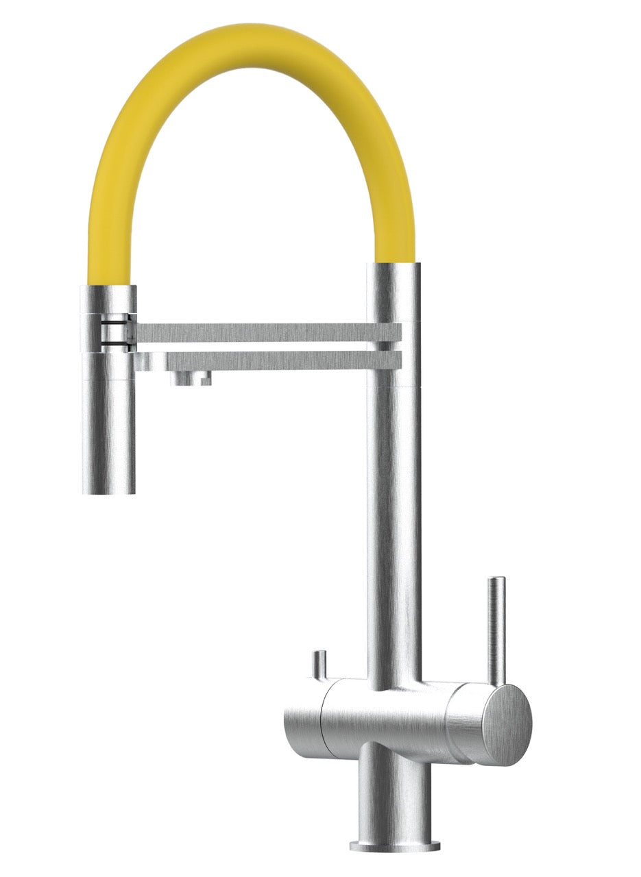 3 Way Kitchen Filter Tap in Solid STAINLESS STEEL, with 360° swivel spout and 2-jets removable Spray, Brushed / Yellow - Short version 45CM