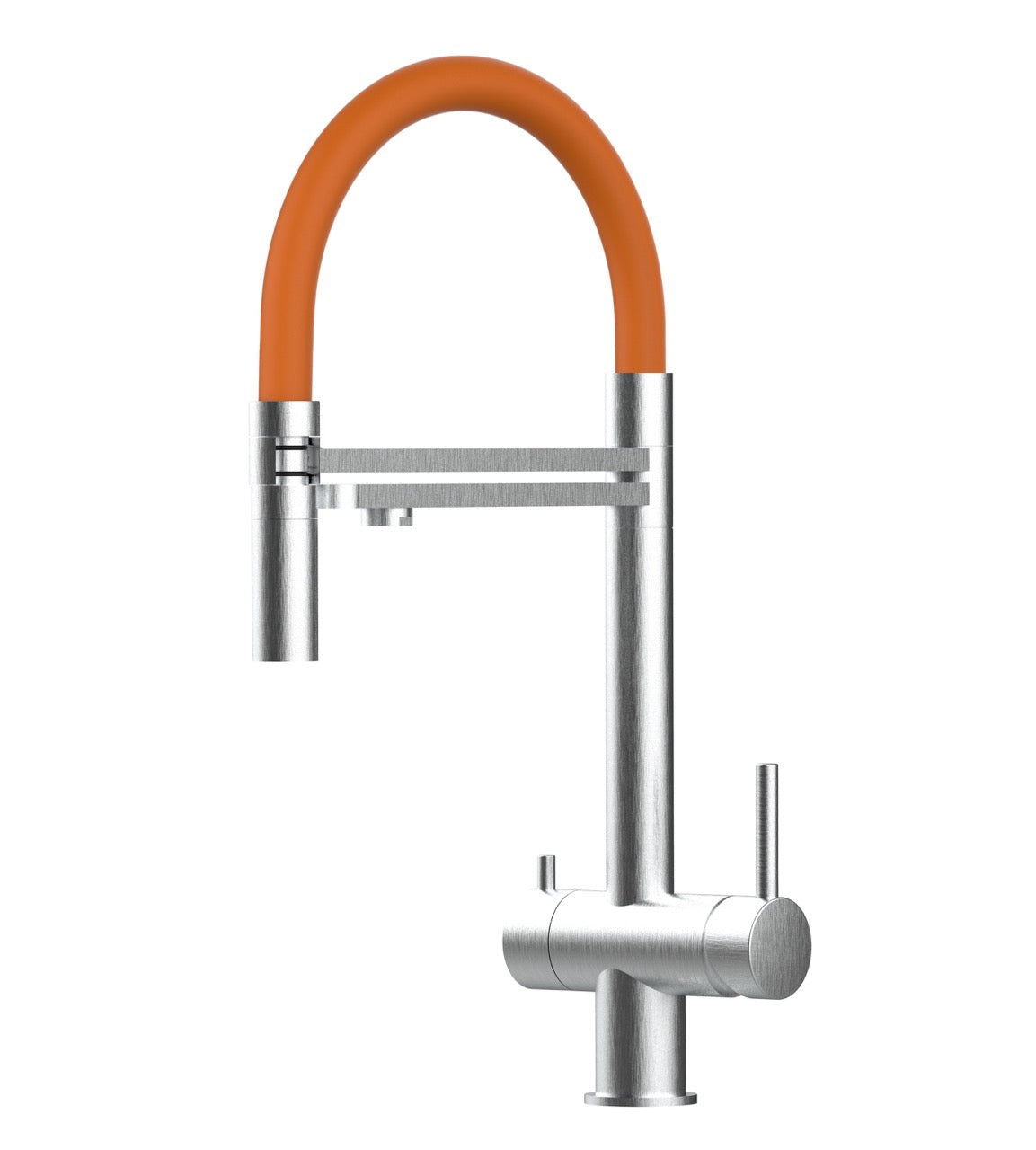 3 Way Kitchen Filter Tap in Solid STAINLESS STEEL, with 360° swivel spout and 2-jets removable Spray, Brushed / Orange - Short version 45CM