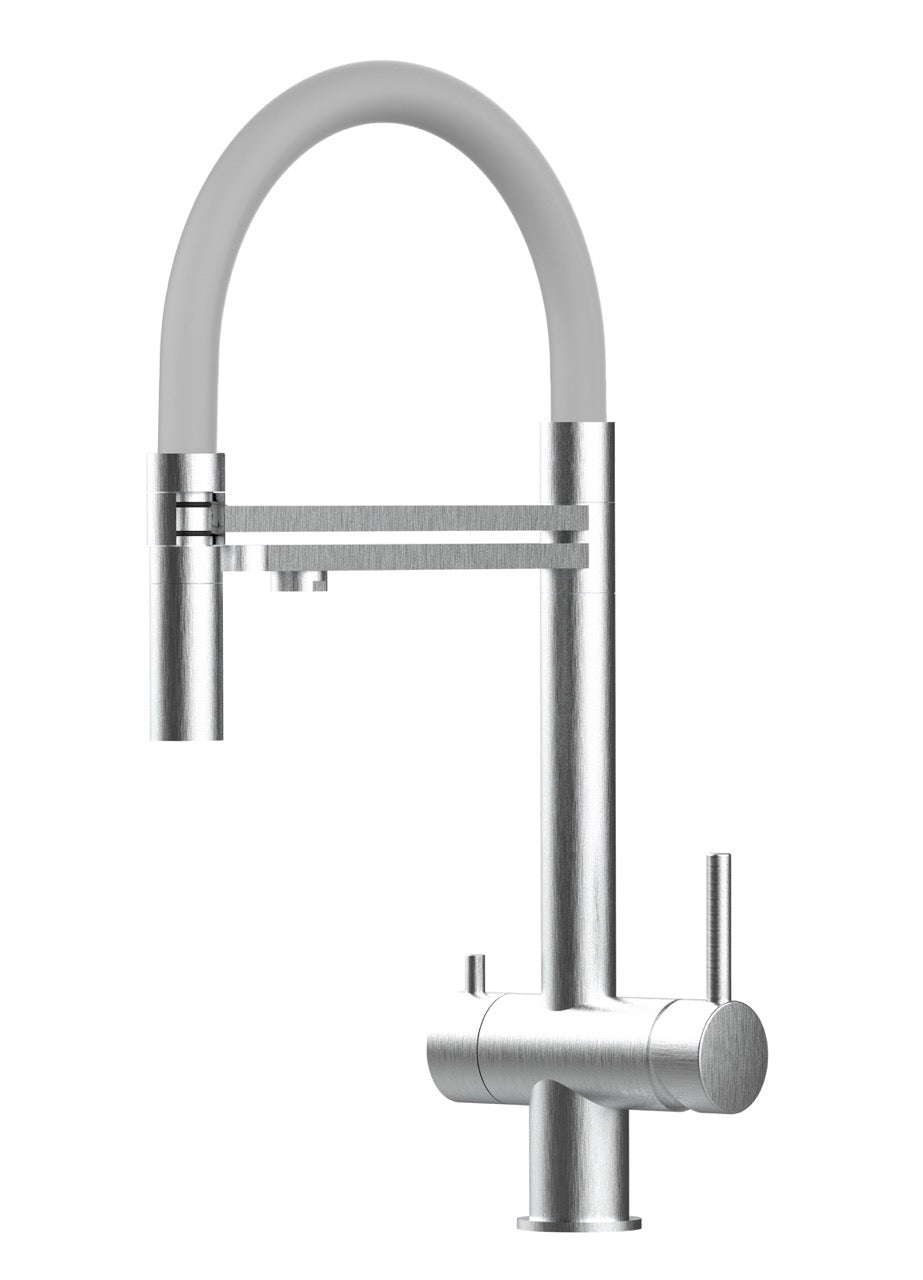 3 Way Kitchen Filter Tap in Solid STAINLESS STEEL, with 360° swivel spout and 2-jets removable Spray, Brushed / Gray - Short version 45CM