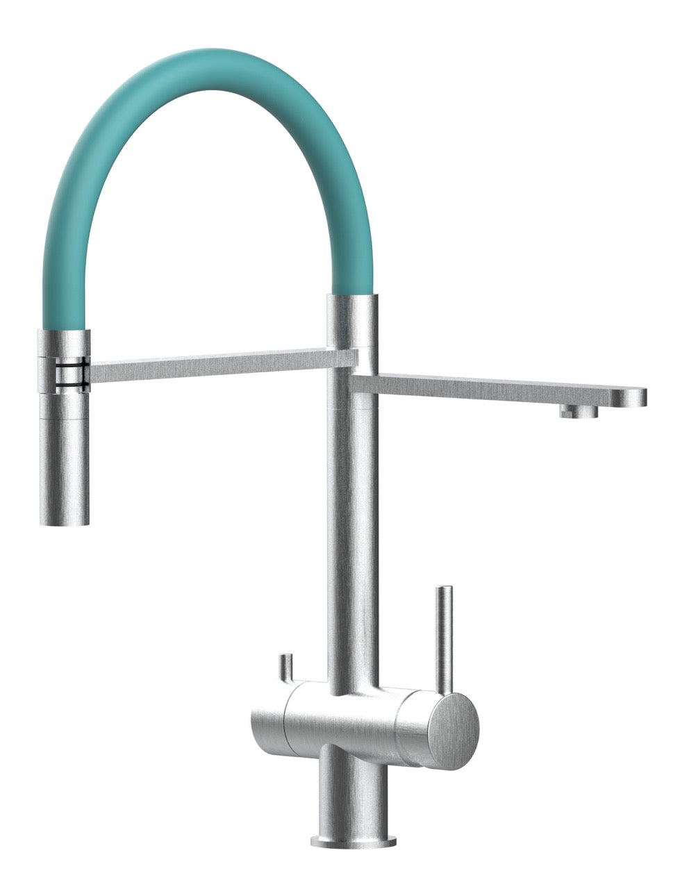 3 Way Kitchen Filter Tap in Solid STAINLESS STEEL, with 360° swivel spout and 2-jets removable Spray, Brushed / Turquoise - Short version 45CM