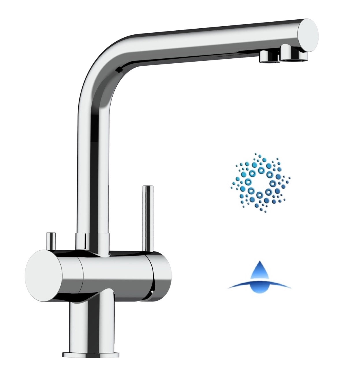 4 Way Kitchen Filter Tap in Solid STAINLESS STEEL, with 360° Swivel L-Spout, Polished - Short Version