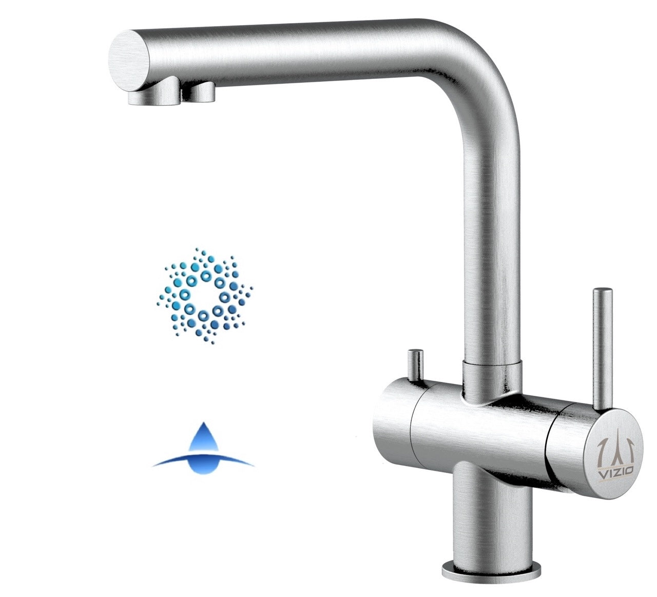 4 Way Kitchen Filter Tap in Solid STAINLESS STEEL, with 360° Swivel L-Spout, Brushed - Short Version