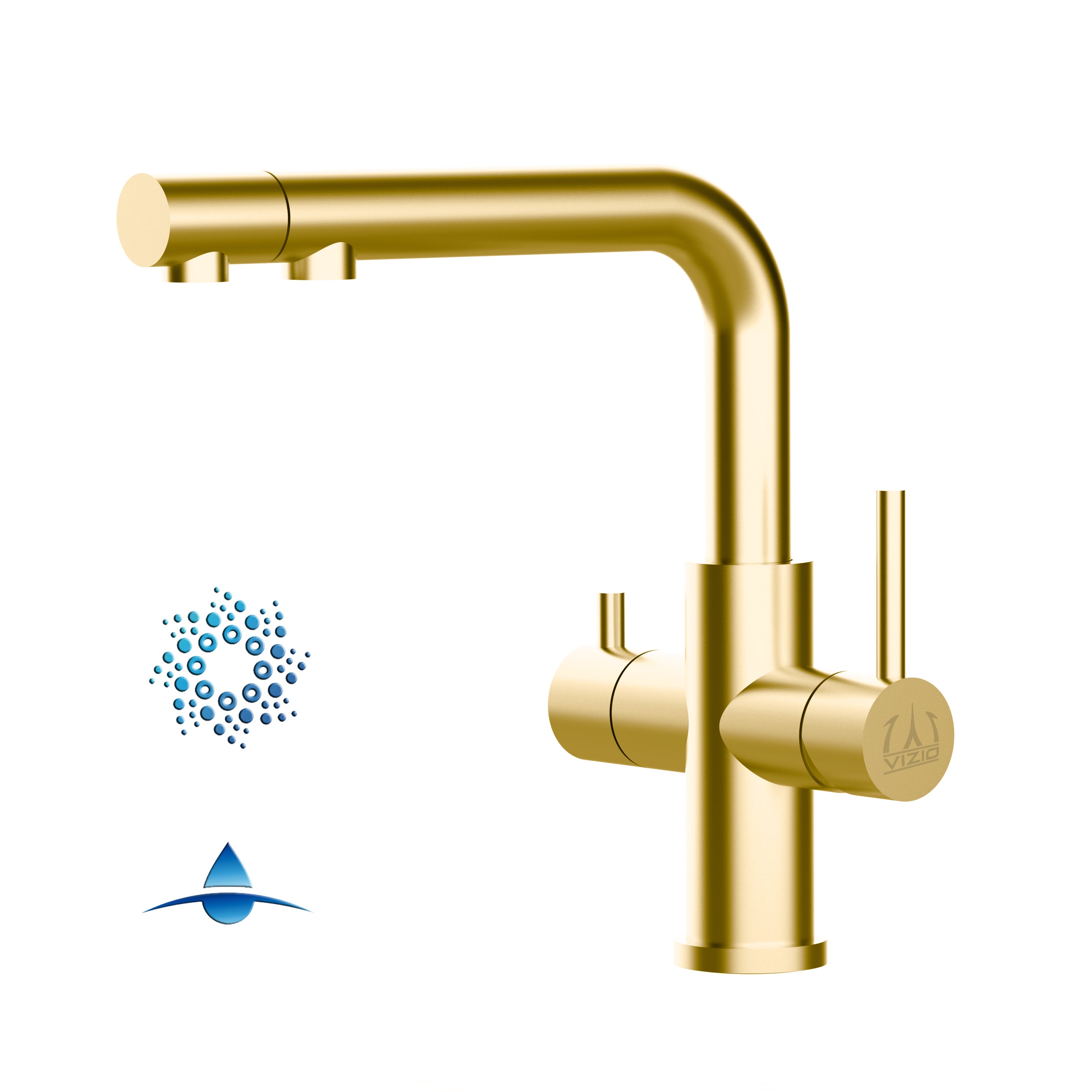 Rubinetto cucina 4 VIE in ACCIAIO INOX PVD Oro Satinato, canna a L girevole con bocca estraibile