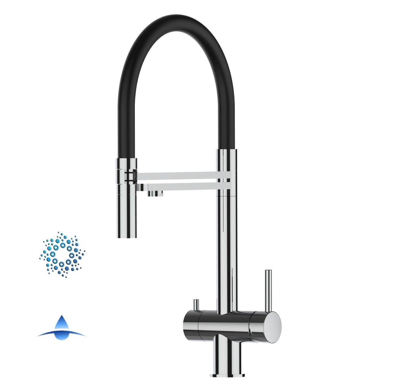 4 Way Kitchen Filter Tap in Solid STAINLESS STEEL, with 360° swivel spout and 2-jets removable Spray, Polished / Black