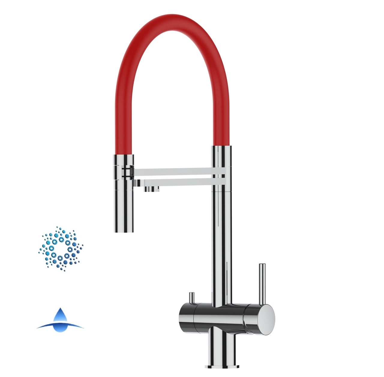 4 Way Kitchen Filter Tap in Solid STAINLESS STEEL, with 360° swivel spout and 2-jets removable Spray, Polished / Red