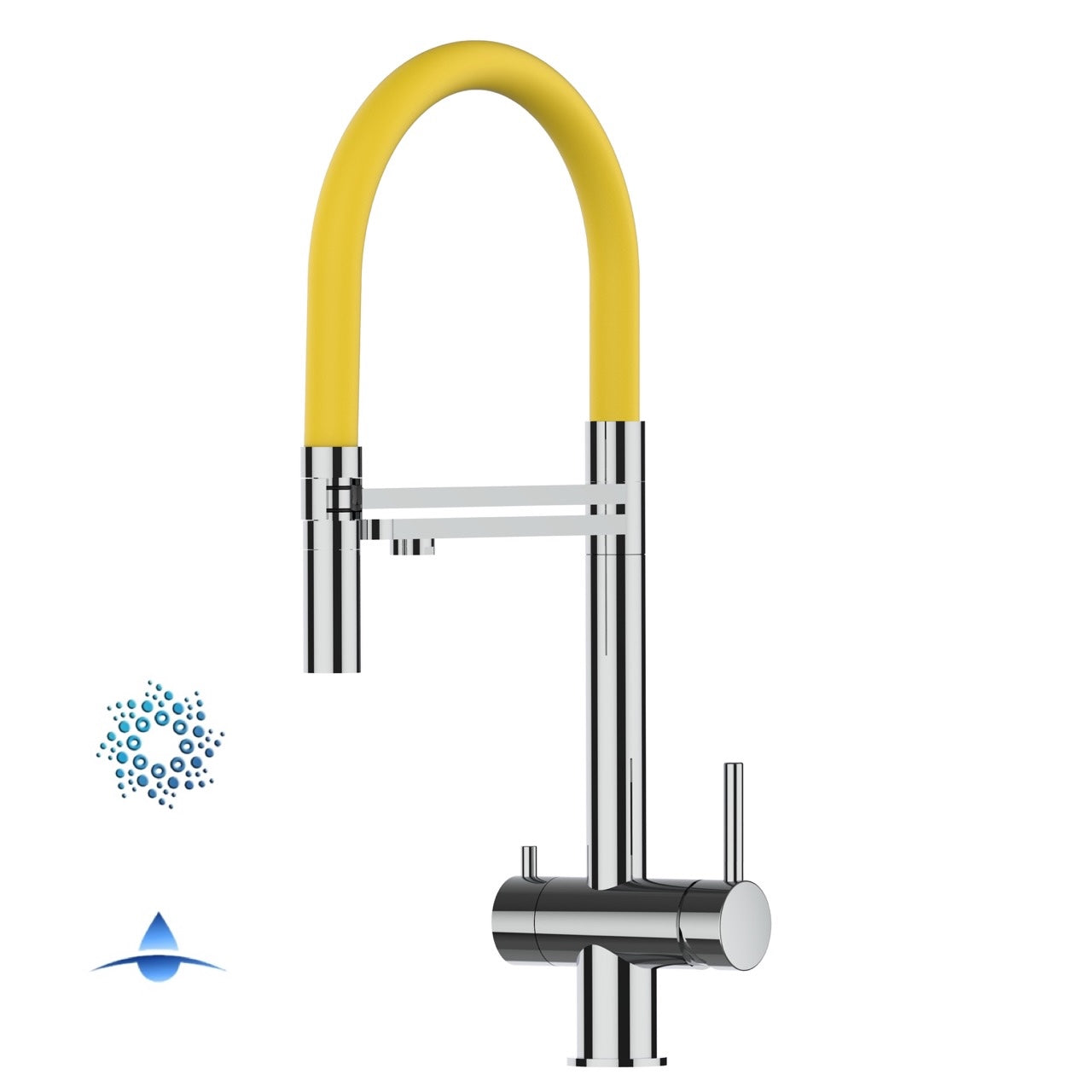 4 Way Kitchen Filter Tap in Solid STAINLESS STEEL, with 360° swivel spout and 2-jets removable Spray, Polished / Yellow