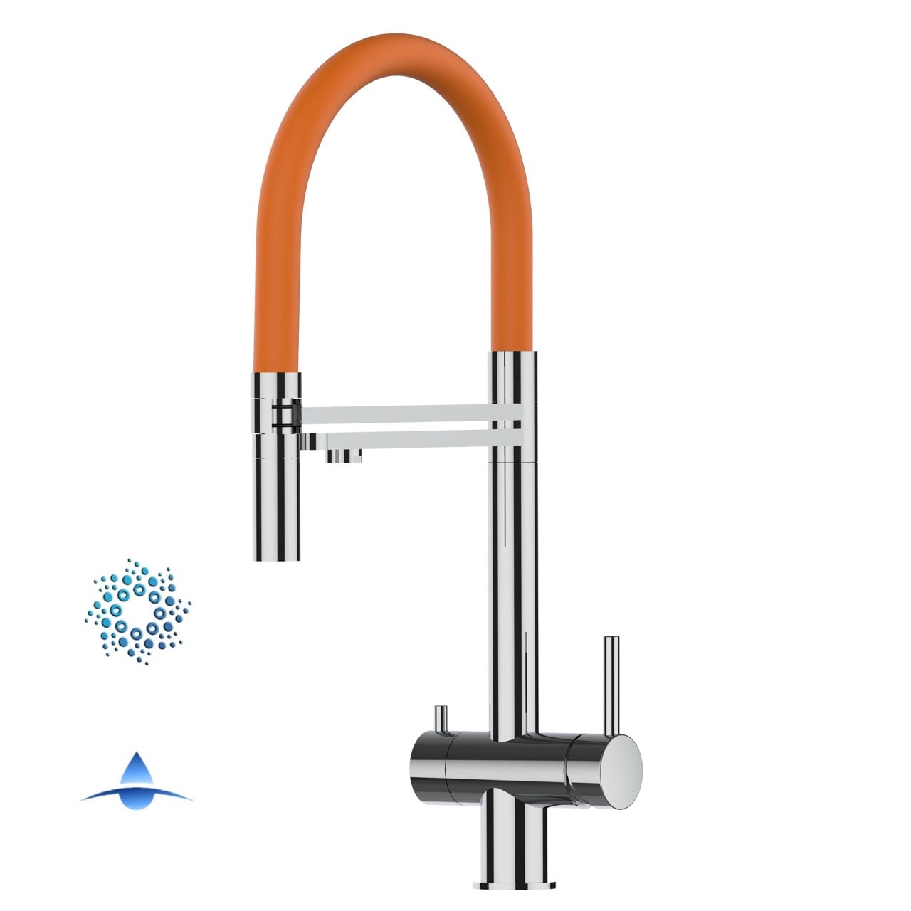 4 Way Kitchen Filter Tap in Solid STAINLESS STEEL, with 360° swivel spout and 2-jets removable Spray, Polished / Orange