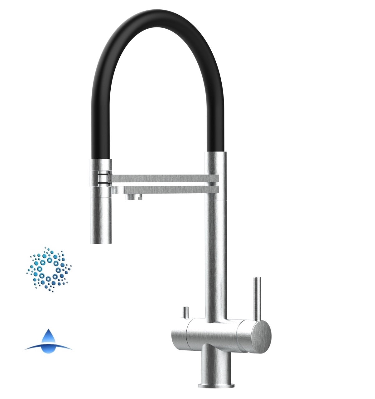 4 Way Kitchen Filter Tap in Solid STAINLESS STEEL, with 360° swivel spout and 2-jets removable Spray, Brushed / Black