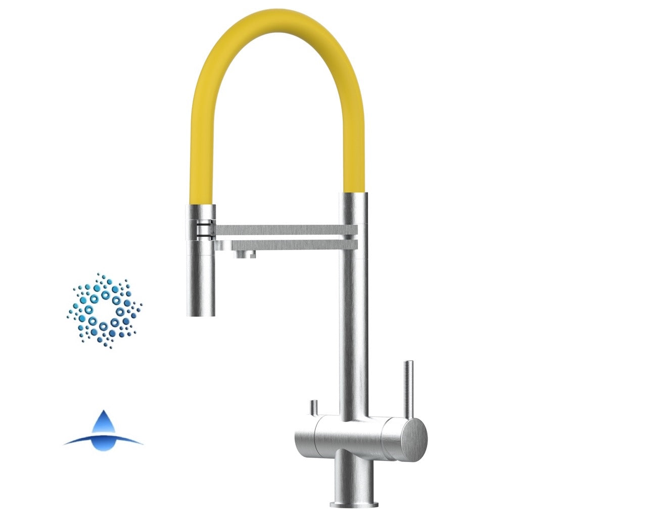 4 Way Kitchen Filter Tap in Solid STAINLESS STEEL, with 360° swivel spout and 2-jets removable Spray, Brushed / Yellow