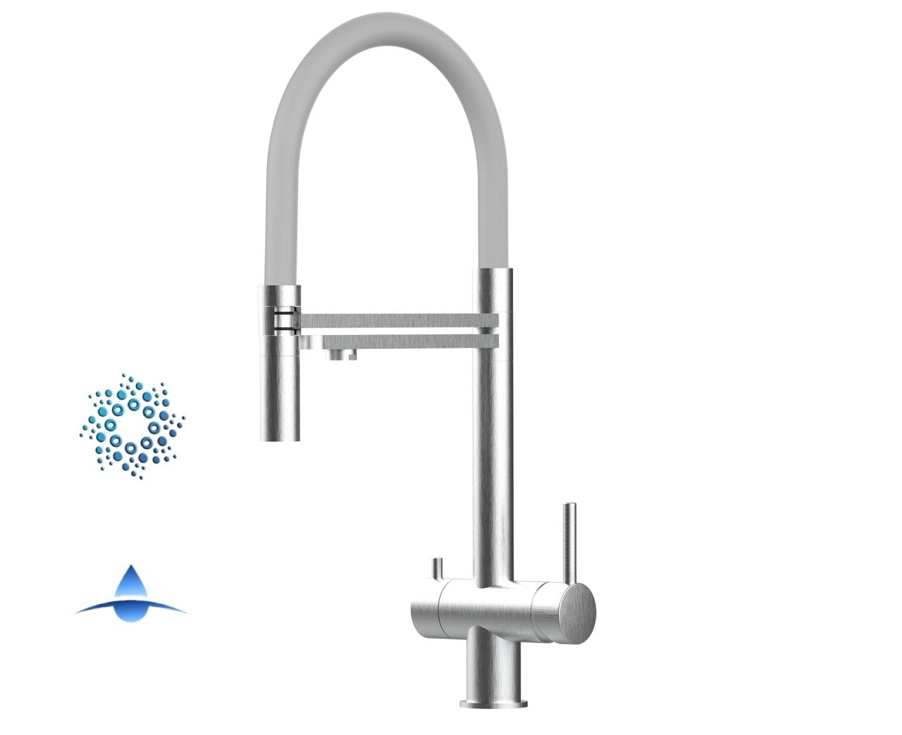 4 Way Kitchen Filter Tap in Solid STAINLESS STEEL, with 360° swivel spout and 2-jets removable Spray, Brushed / Gray