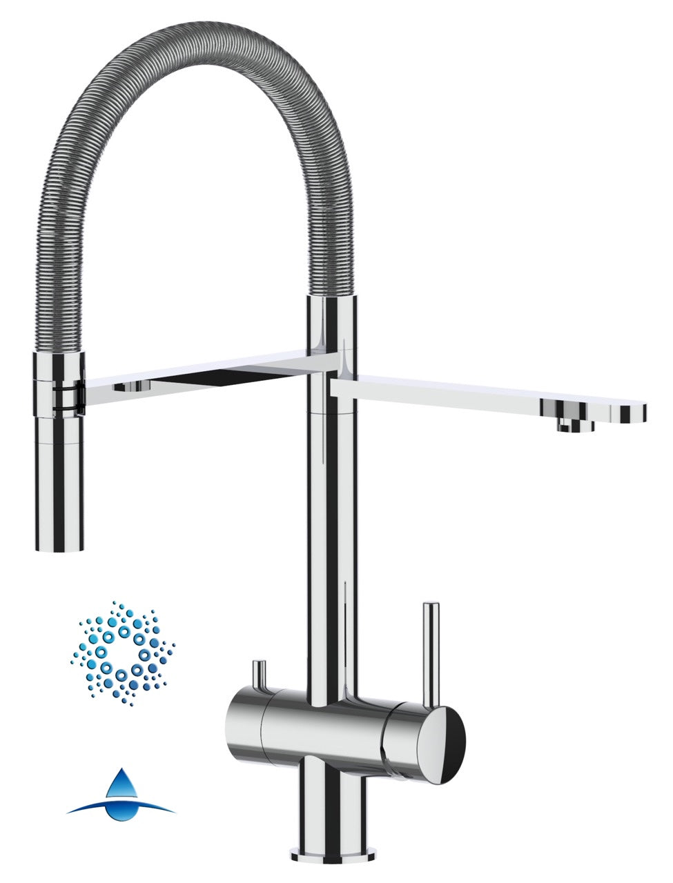 4 Way Kitchen Filter Tap in Solid STAINLESS STEEL, with 360° swivel spout and 2-jets removable Spray, Polished / Stainless Steel Spring - Short version 45CM