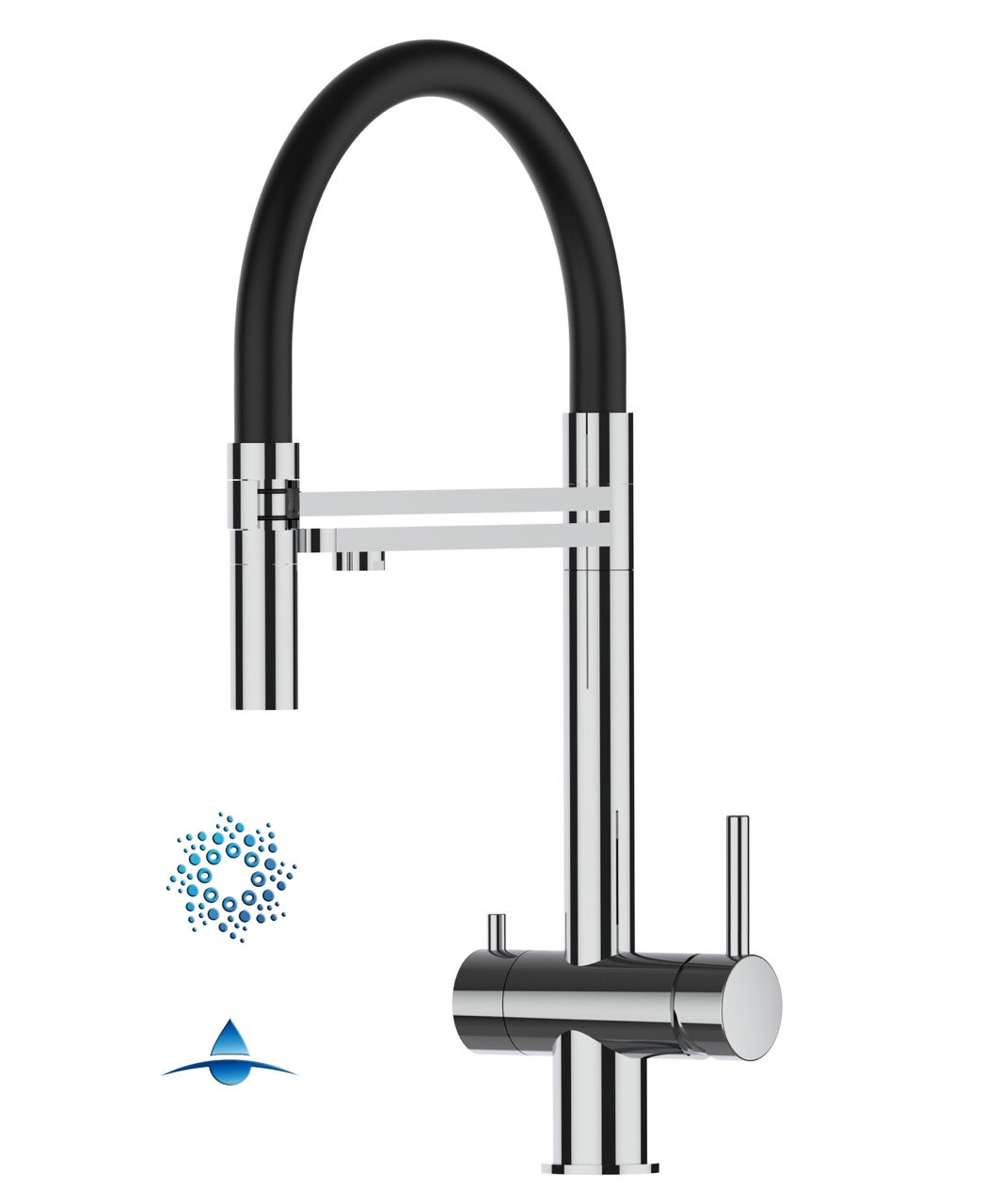 4 Way Kitchen Filter Tap in Solid STAINLESS STEEL, with 360° swivel spout and 2-jets removable Spray, Polished / Black - Short version 45CM