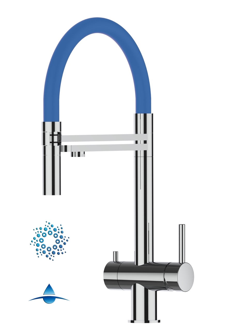 4 Way Kitchen Filter Tap in Solid STAINLESS STEEL, with 360° swivel spout and 2-jets removable Spray, Polished / Blue - Short version 45CM
