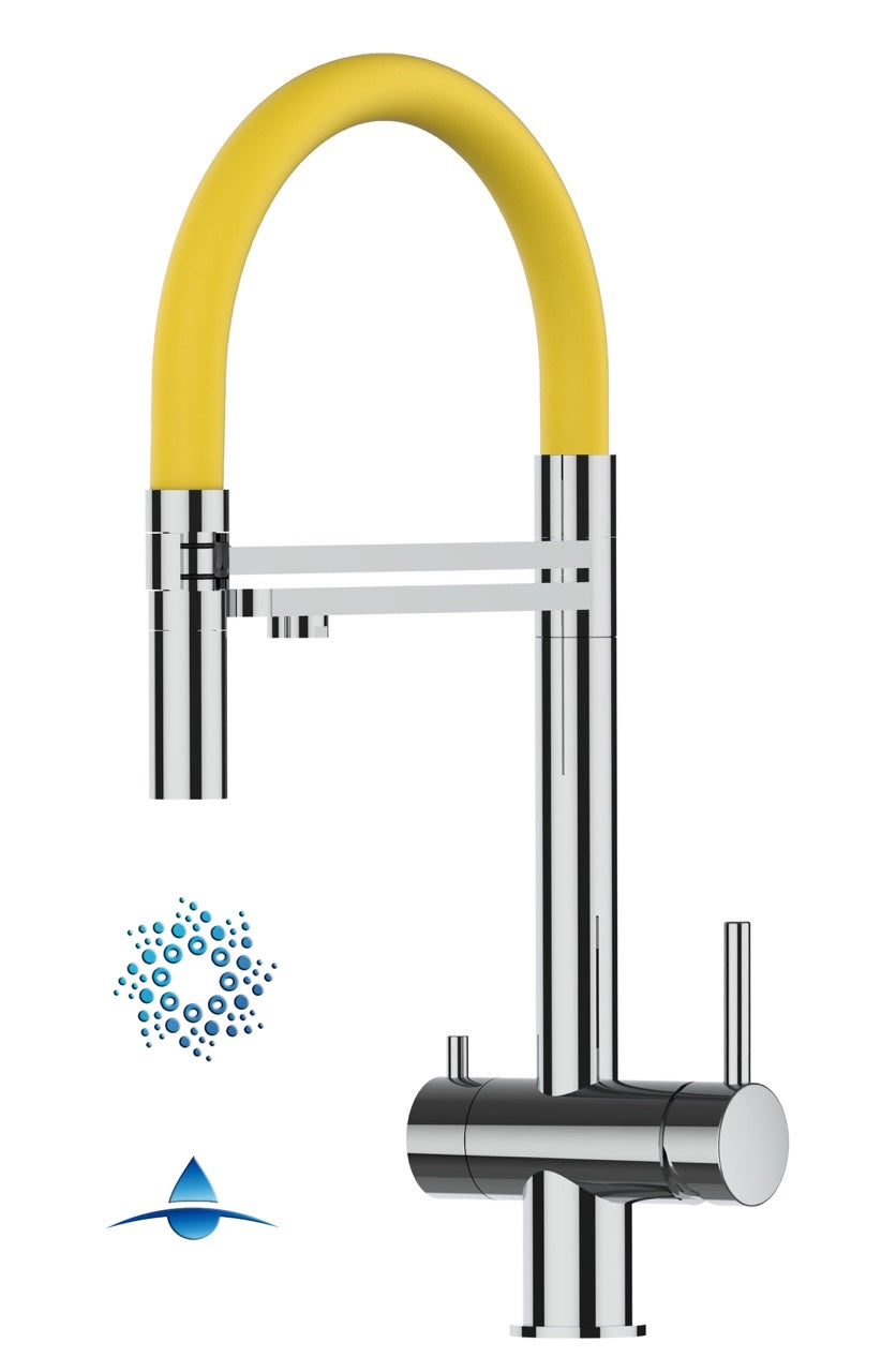 4 Way Kitchen Filter Tap in Solid STAINLESS STEEL, with 360° swivel spout and 2-jets removable Spray, Polished / Yellow - Short version 45CM