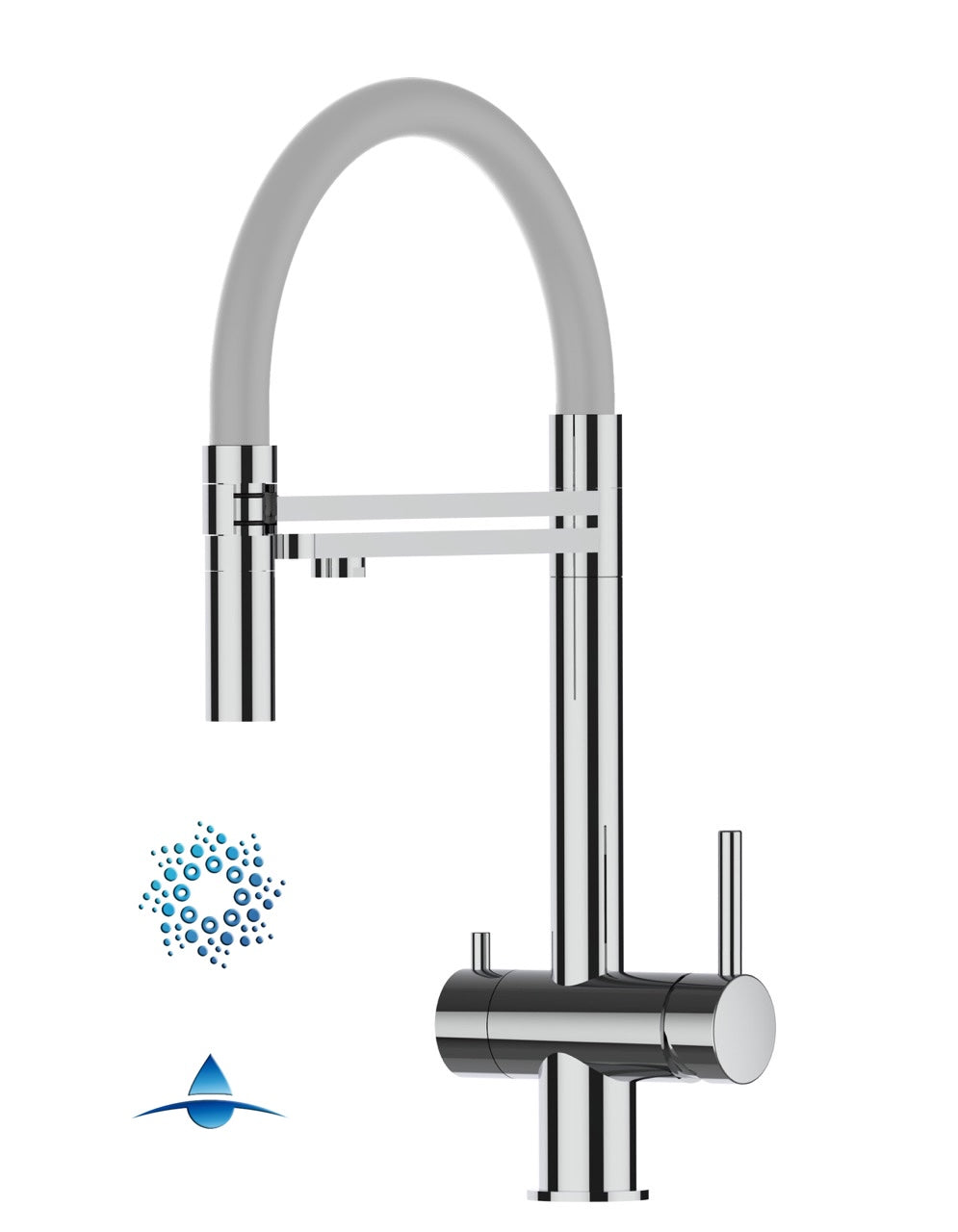 4 Way Kitchen Filter Tap in Solid STAINLESS STEEL, with 360° swivel spout and 2-jets removable Spray, Polished / Gray - Short version 45CM