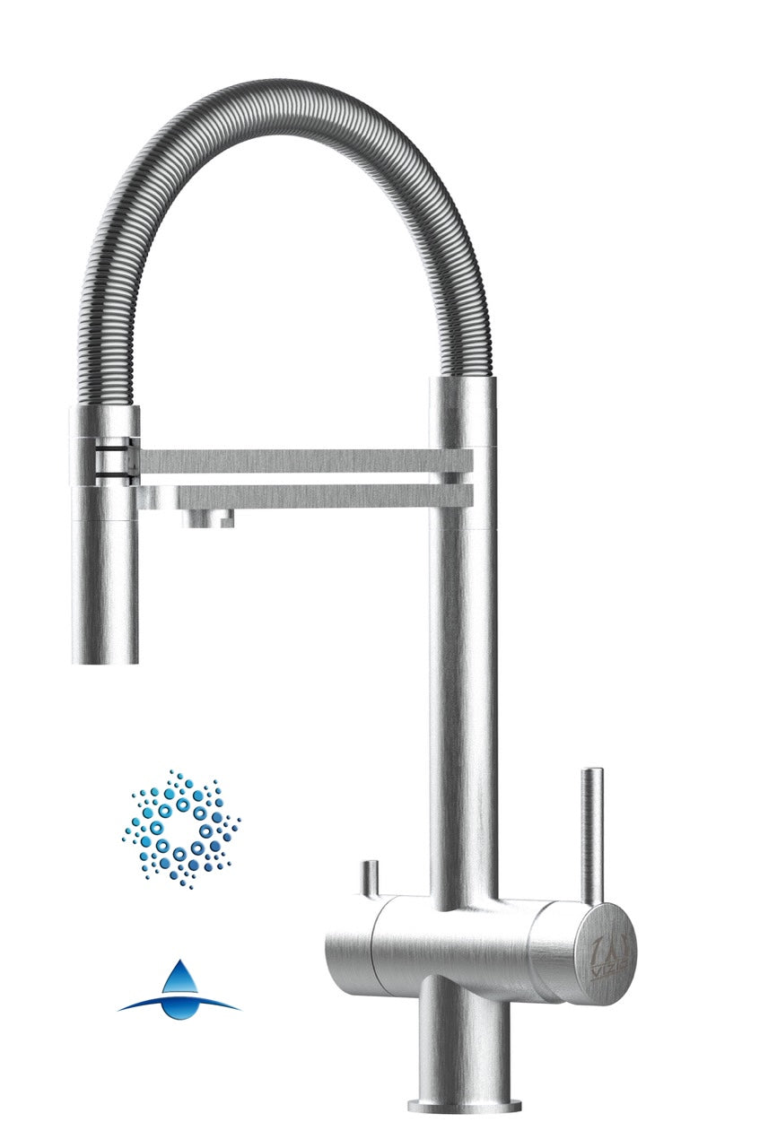 4 Way Kitchen Filter Tap in Solid STAINLESS STEEL, with 360° swivel spout and 2-jets removable Spray, Brushed / Stainless Steel Spring - Short version 45CM