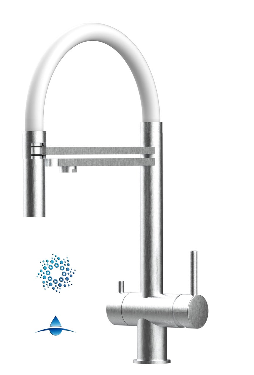 4 Way Kitchen Filter Tap in Solid STAINLESS STEEL, with 360° swivel spout and 2-jets removable Spray, Brushed / White - Short version 45CM