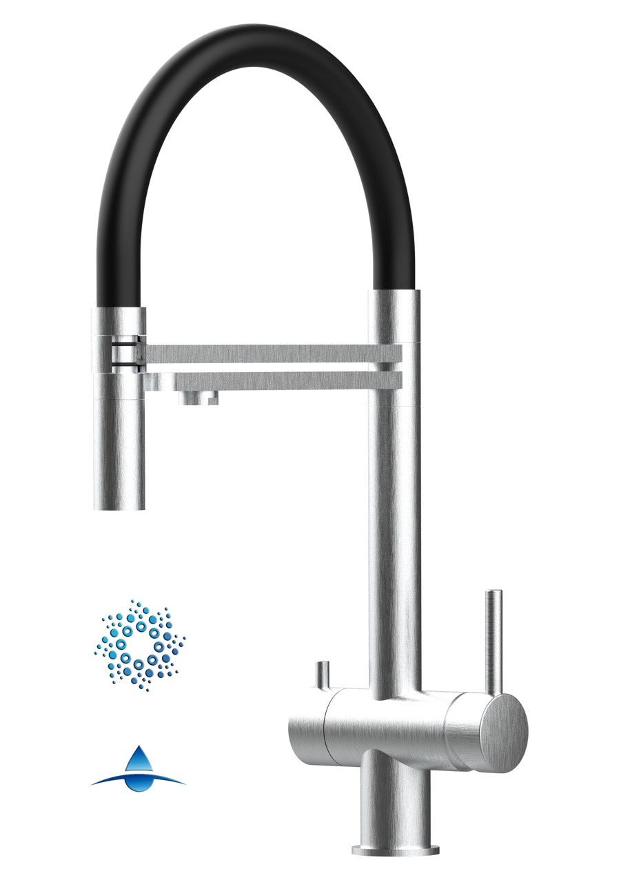 4 Way Kitchen Filter Tap in Solid STAINLESS STEEL, with 360° swivel spout and 2-jets removable Spray, Brushed / Black - Short version 45CM