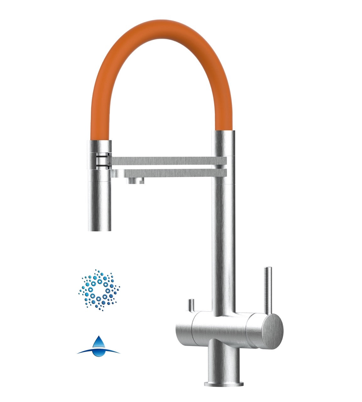 4 Way Kitchen Filter Tap in Solid STAINLESS STEEL, with 360° swivel spout and 2-jets removable Spray, Brushed / Orange - Short version 45CM
