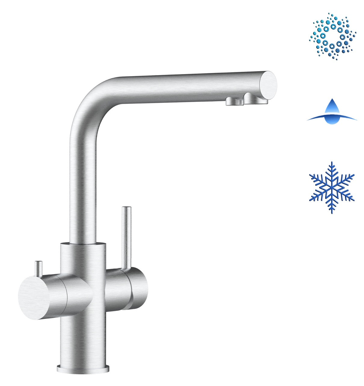 5 Way Kitchen Filter Tap in Solid STAINLESS STEEL, with 360° Swivel L-Spout, Brushed - Short Version
