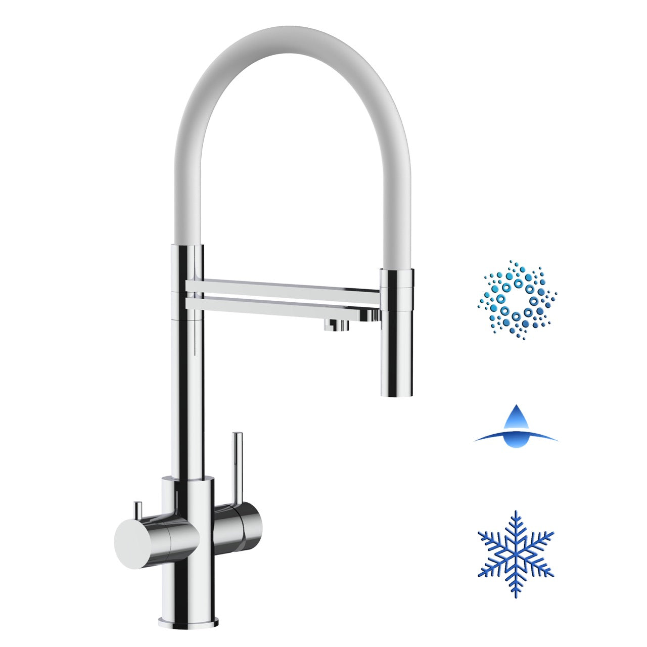 5 Way Kitchen Filter Tap in Solid STAINLESS STEEL, with 360° swivel spout and 2-jets removable Spray, Polished / White