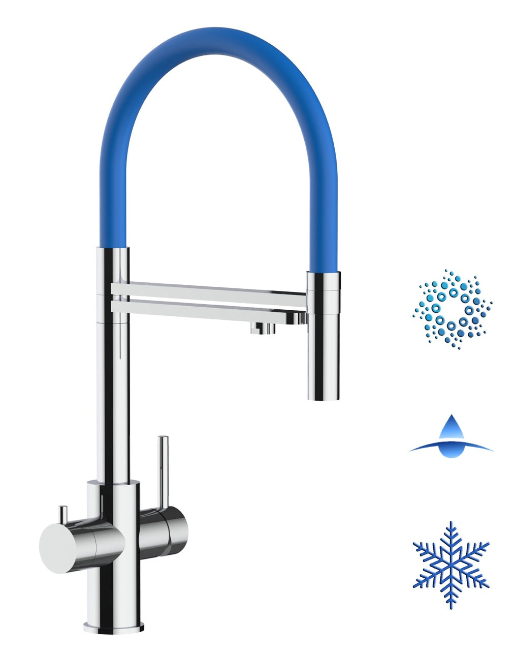 5 Way Kitchen Filter Tap in Solid STAINLESS STEEL, with 360° swivel spout and 2-jets removable Spray, Polished / Blue