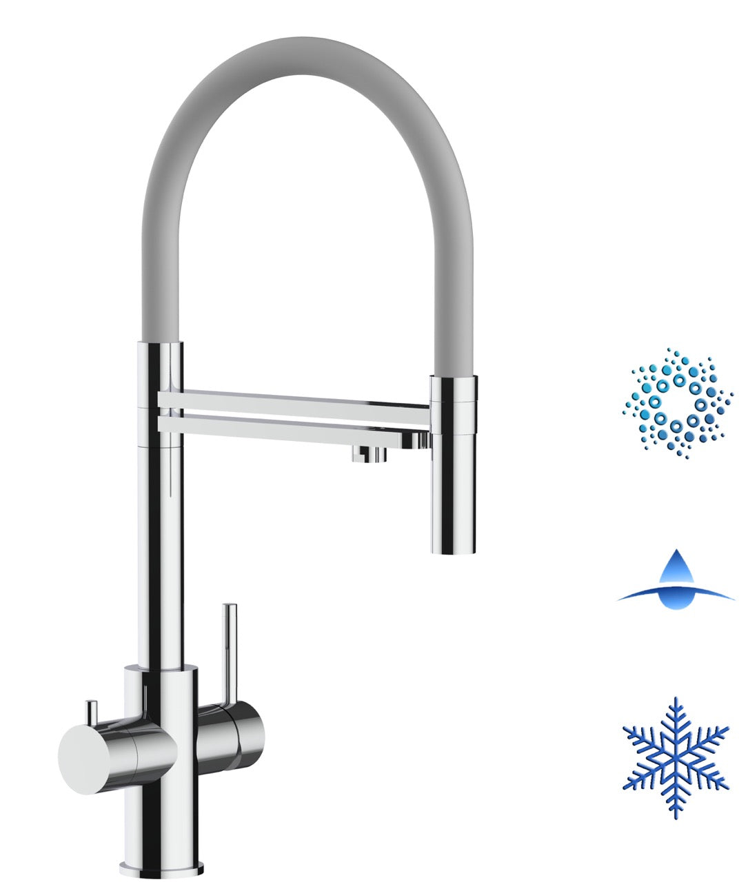 5 Way Kitchen Filter Tap in Solid STAINLESS STEEL, with 360° swivel spout and 2-jets removable Spray, Polished / Gray