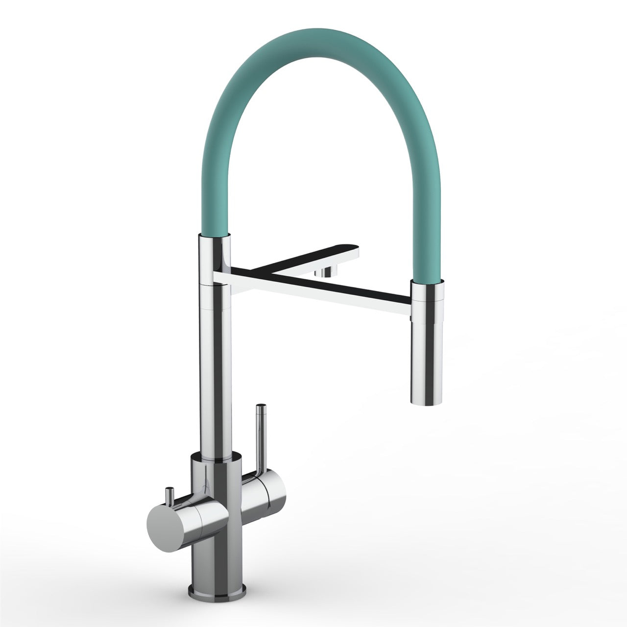 5 Way Kitchen Filter Tap in Solid STAINLESS STEEL, with 360° swivel spout and 2-jets removable Spray, Polished / Turquoise