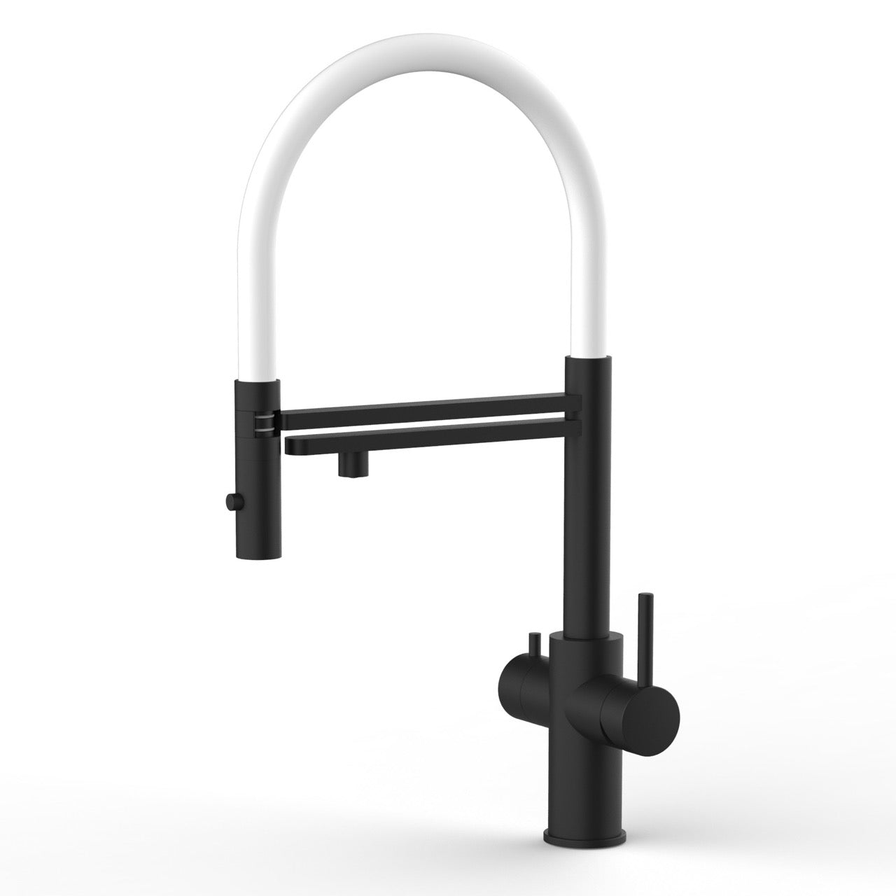 5 Way Kitchen Filter Tap in Solid STAINLESS STEEL, with 360° swivel spout and 2-jets removable Spray, Matt Black PVD / White