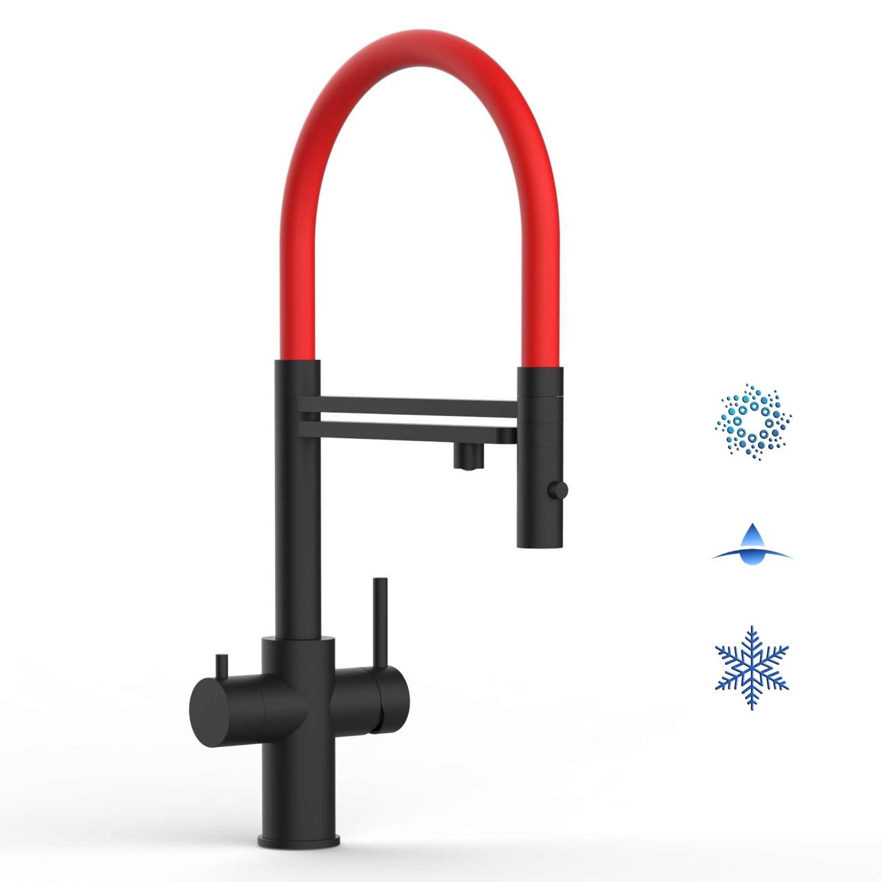5 Way Kitchen Filter Tap in Solid STAINLESS STEEL, with 360° swivel spout and 2-jets removable Spray, Matt Black PVD / Red