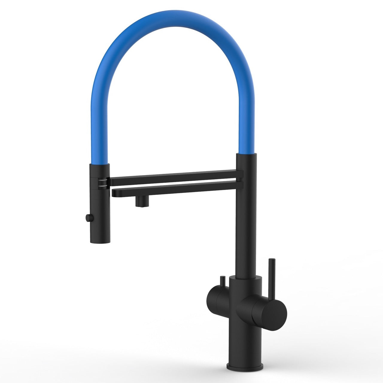 5 Way Kitchen Filter Tap in Solid STAINLESS STEEL, with 360° swivel spout and 2-jets removable Spray, Matt Black PVD / Blue