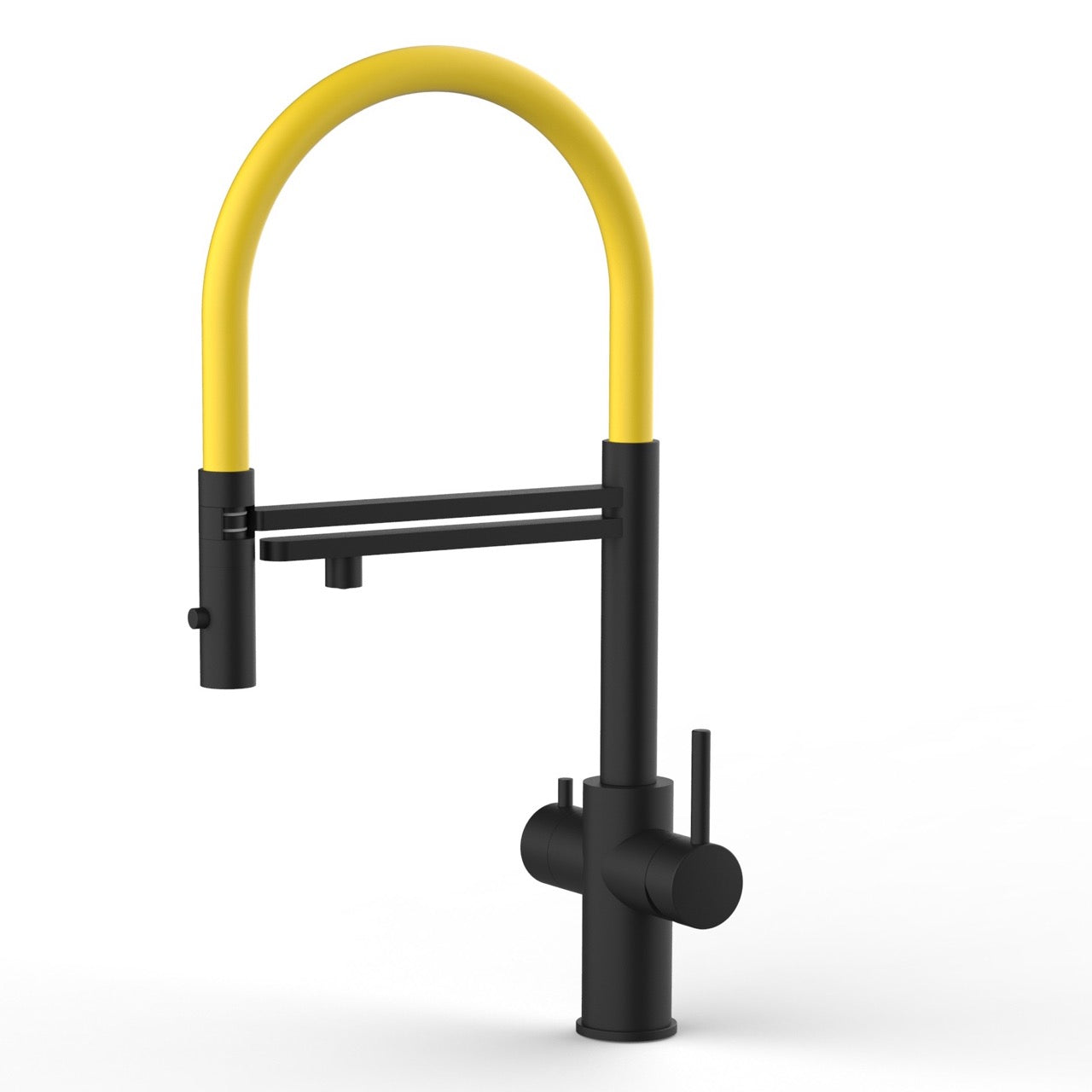 5 Way Kitchen Filter Tap in Solid STAINLESS STEEL, with 360° swivel spout and 2-jets removable Spray, Matt Black PVD / Yellow