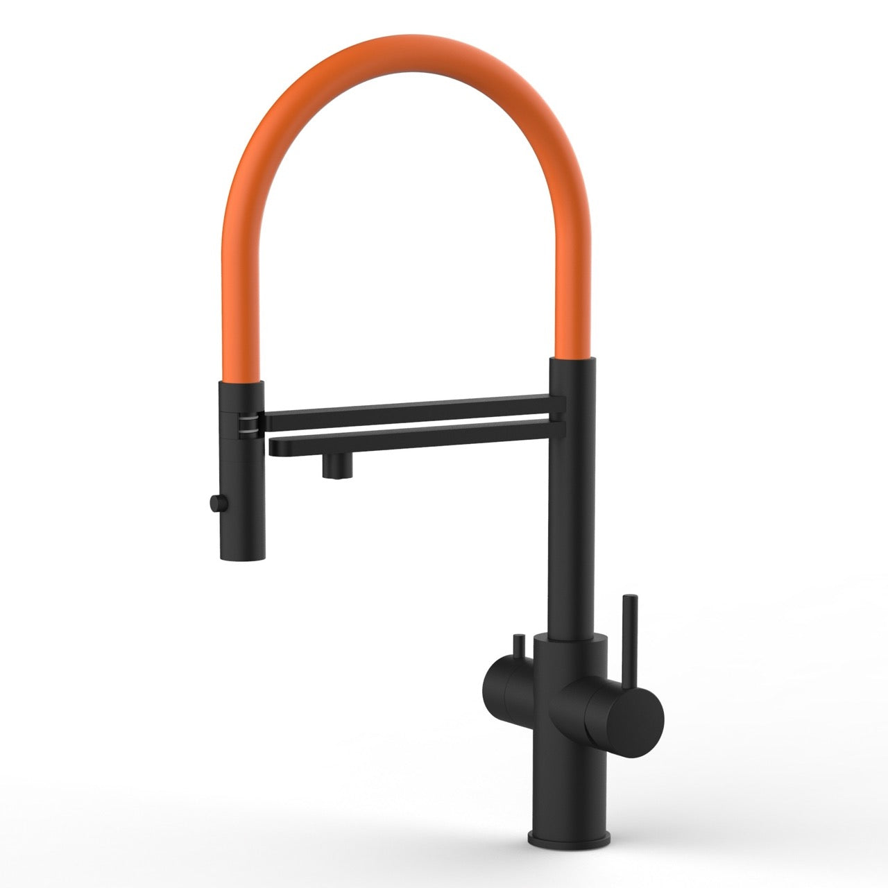 5 Way Kitchen Filter Tap in Solid STAINLESS STEEL, with 360° swivel spout and 2-jets removable Spray, Matt Black PVD / Orange