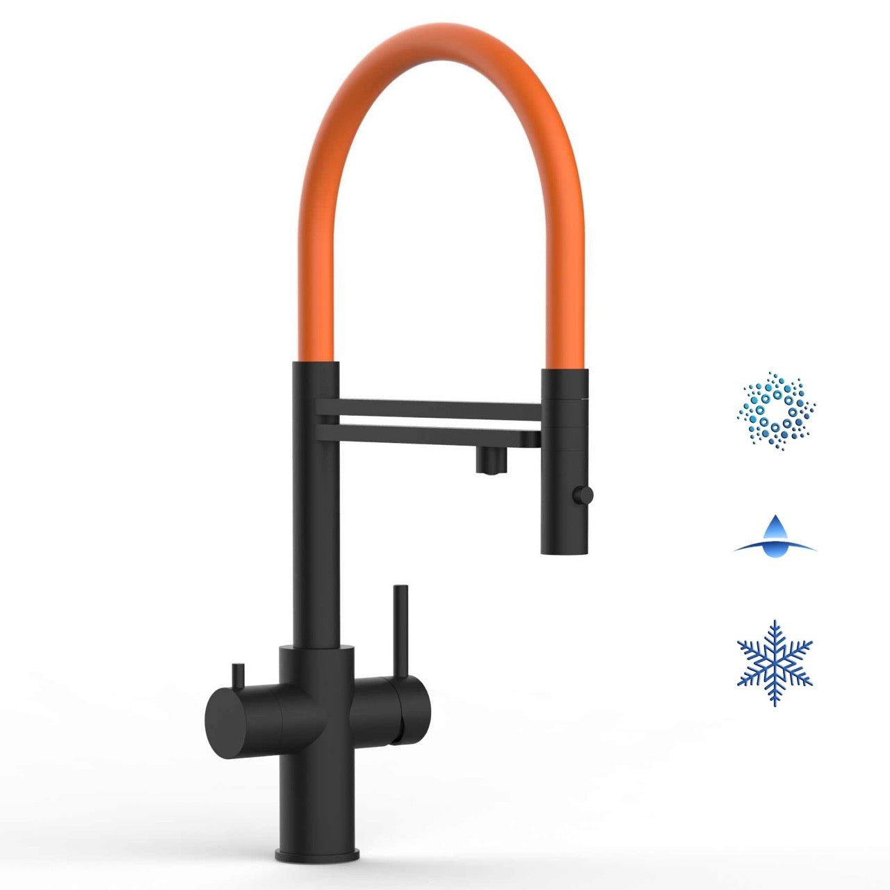 5 Way Kitchen Filter Tap in Solid STAINLESS STEEL, with 360° swivel spout and 2-jets removable Spray, Matt Black PVD / Orange