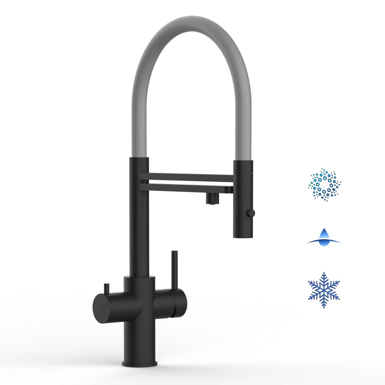 5 Way Kitchen Filter Tap in Solid STAINLESS STEEL, with 360° swivel spout and 2-jets removable Spray, Matt Black PVD / Gray
