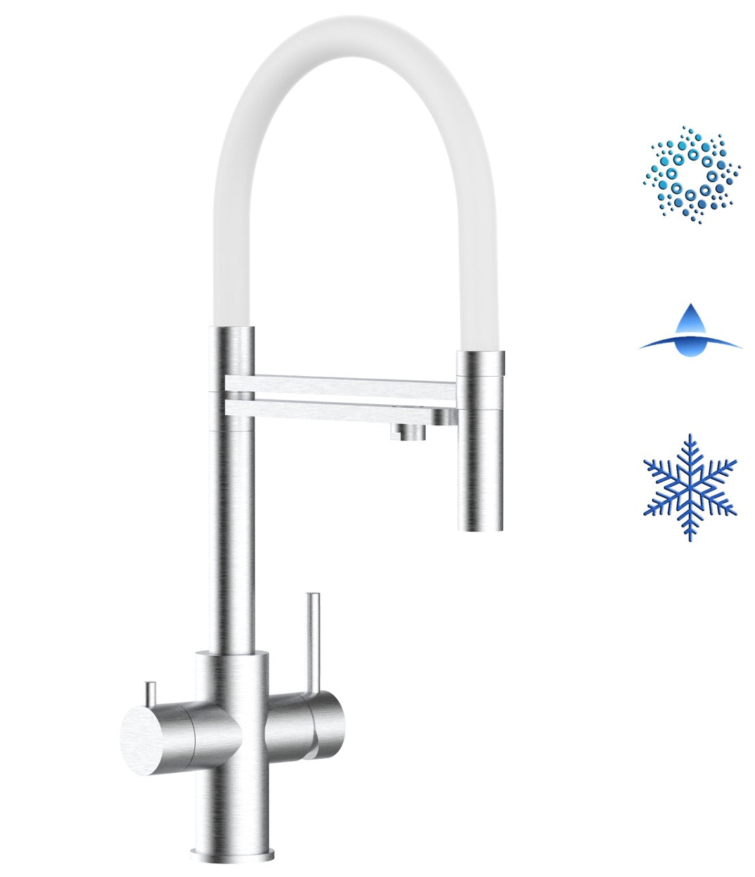 5 Way Kitchen Filter Tap in Solid STAINLESS STEEL, with 360° swivel spout and 2-jets removable Spray, Brushed / White