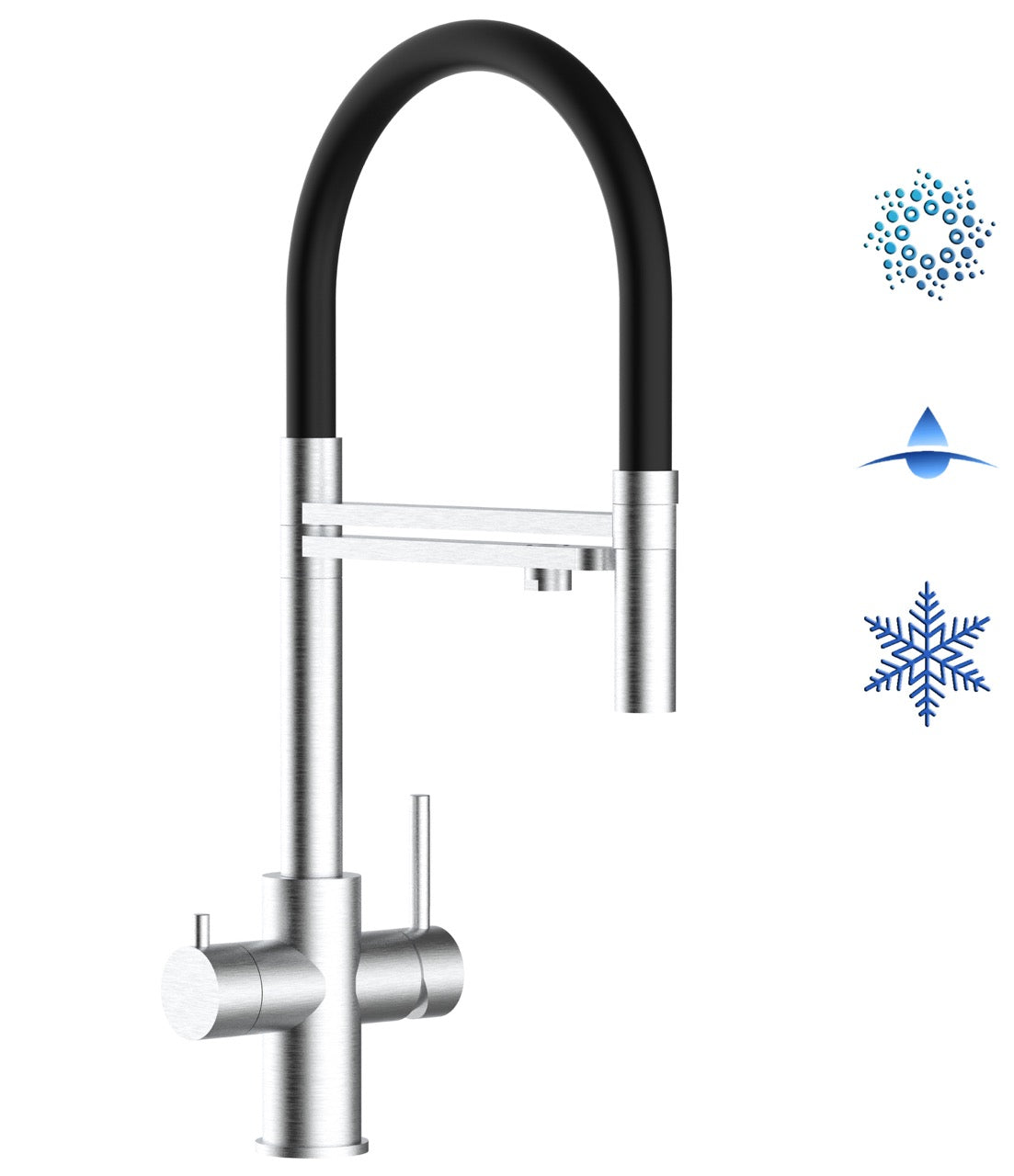 5 Way Kitchen Filter Tap in Solid STAINLESS STEEL, with 360° swivel spout and 2-jets removable Spray, Brushed / Black