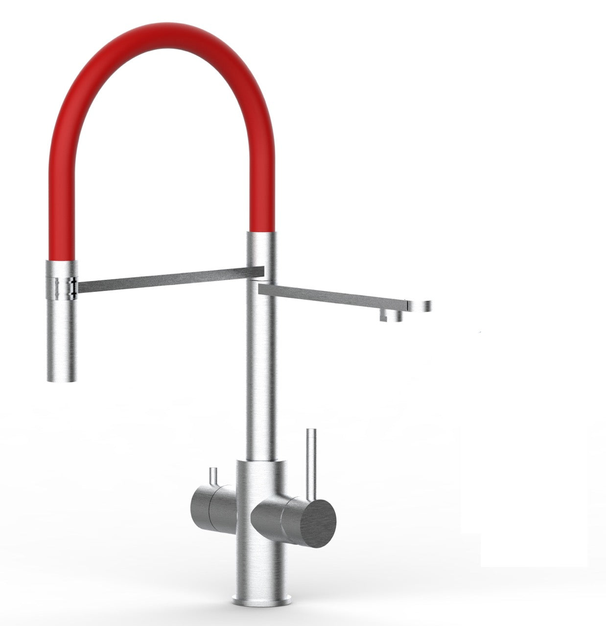 5 Way Kitchen Filter Tap in Solid STAINLESS STEEL, with 360° swivel spout and 2-jets removable Spray, Brushed / Red