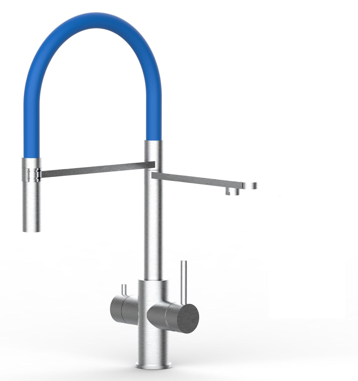 5 Way Kitchen Filter Tap in Solid STAINLESS STEEL, with 360° swivel spout and 2-jets removable Spray, Brushed / Blue