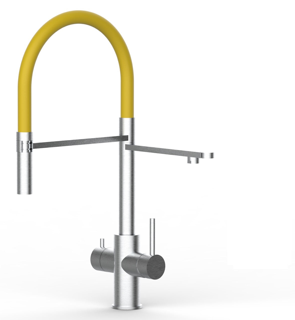 5 Way Kitchen Filter Tap in Solid STAINLESS STEEL, with 360° swivel spout and 2-jets removable Spray, Brushed / Yellow