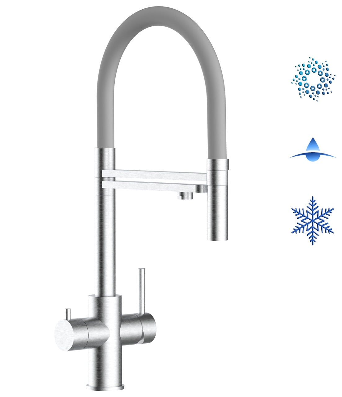 5 Way Kitchen Filter Tap in Solid STAINLESS STEEL, with 360° swivel spout and 2-jets removable Spray, Brushed / Gray