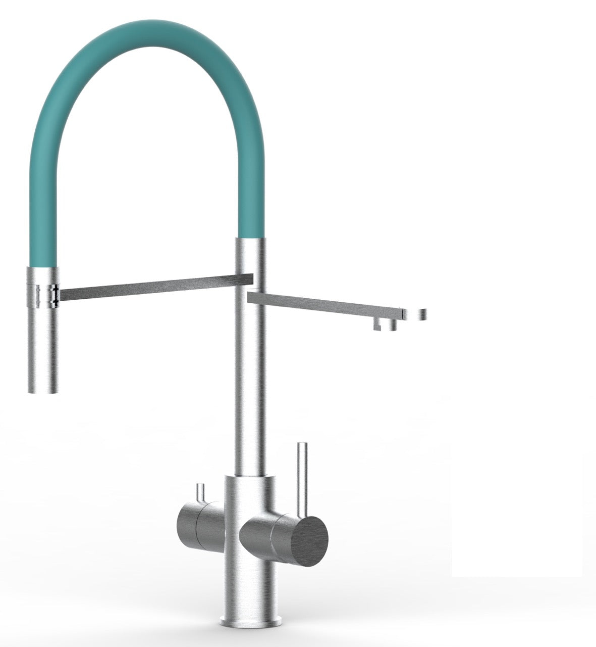 5 Way Kitchen Filter Tap in Solid STAINLESS STEEL, with 360° swivel spout and 2-jets removable Spray, Brushed / Turquoise