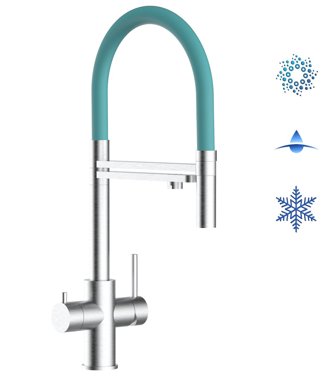 5 Way Kitchen Filter Tap in Solid STAINLESS STEEL, with 360° swivel spout and 2-jets removable Spray, Brushed / Turquoise