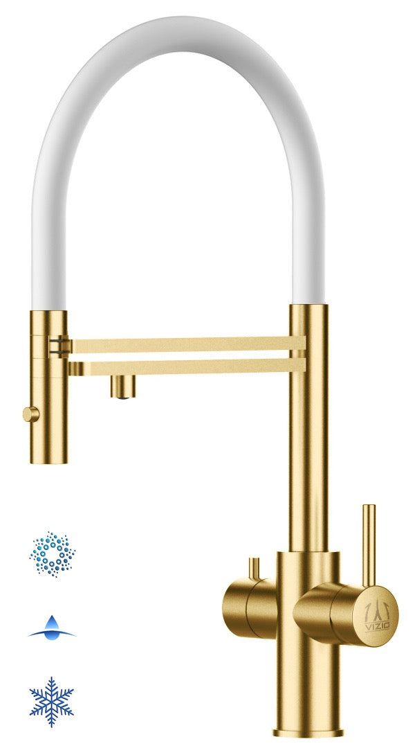 5 Way Kitchen Filter Tap in Solid STAINLESS STEEL, with 360° swivel spout and 2-jets removable Spray, Satin Gold PVD / White